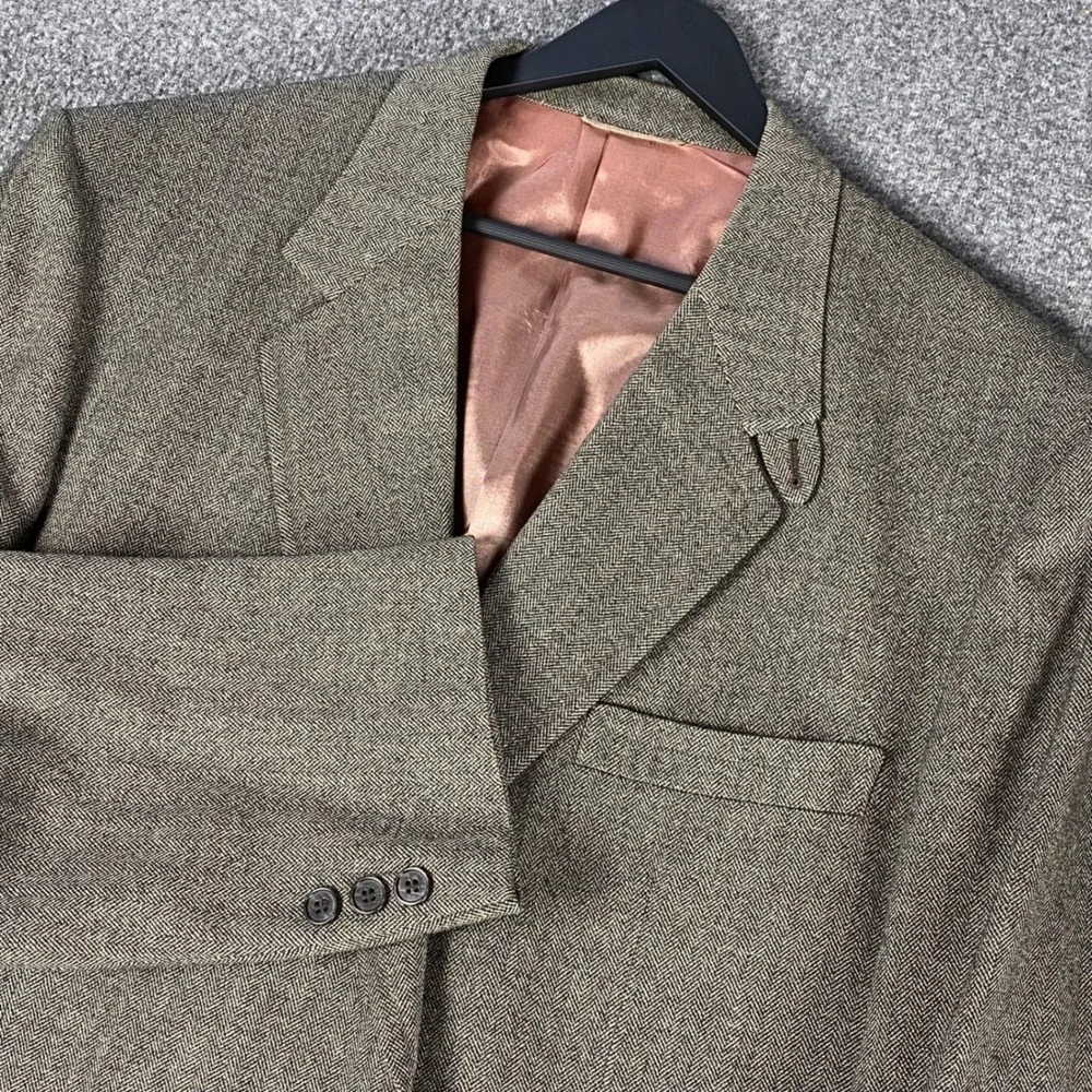 Shipley Mens Blazer 44L Brown Gray Herringbone Vintage‎ 100% Wool Sport Coat